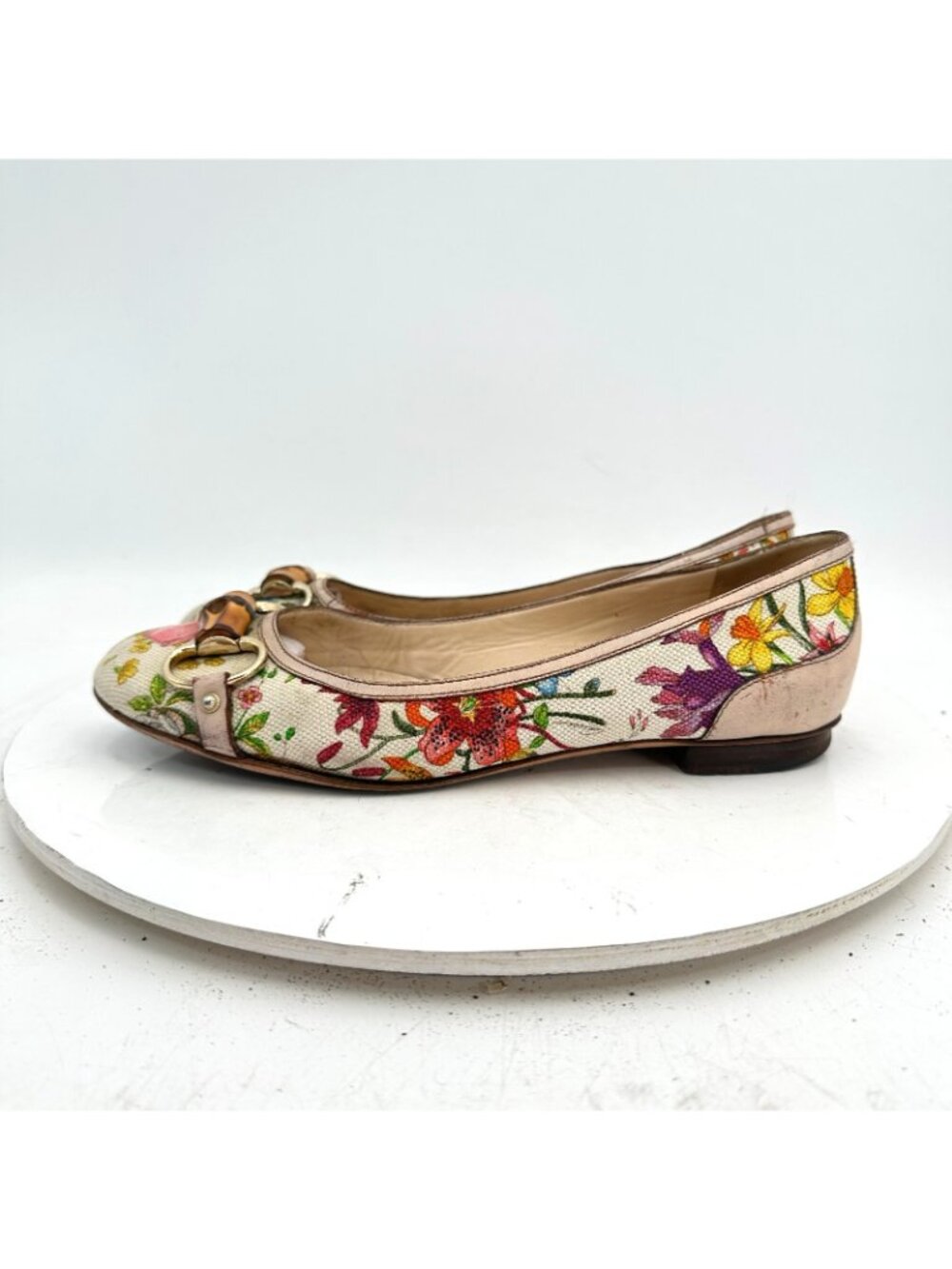Gucci Women Size 6.5B Flora canvas ballet Leather Bamboo horsebit Flat Shoes - Picture 2 of 11